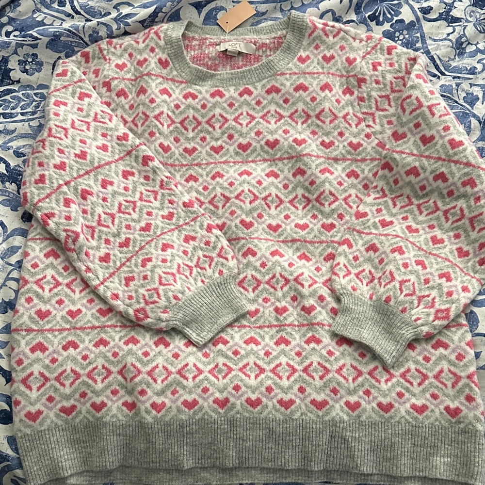LOFT Gray & Pink Fair Isle Crewneck Sweater